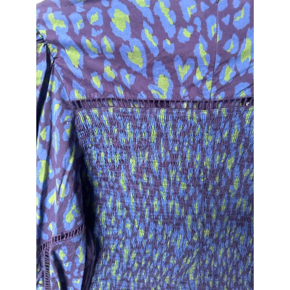 Farm Rio Blue Green Leopard Print Smocked Peplum Top Lace Guipure Cotton Large - Picture 13 of 14